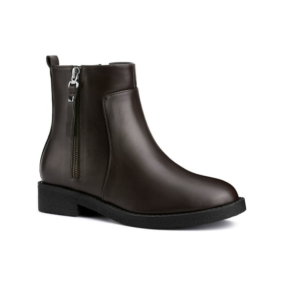 BLISSFUL STEP Women's Ankle Boots Faux Leather Low Chunky Heel Side Zipper Coffee 6