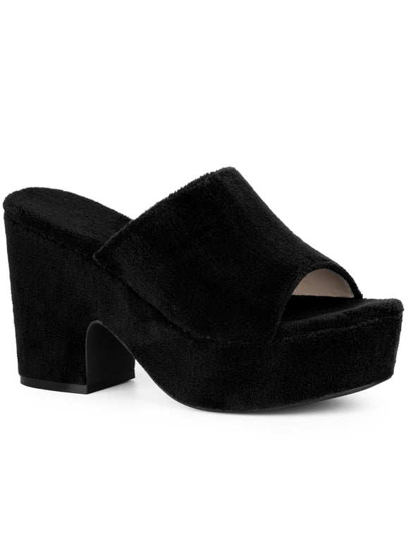 Women's Platform Slides Chunky Heel Sandals Black 9.5