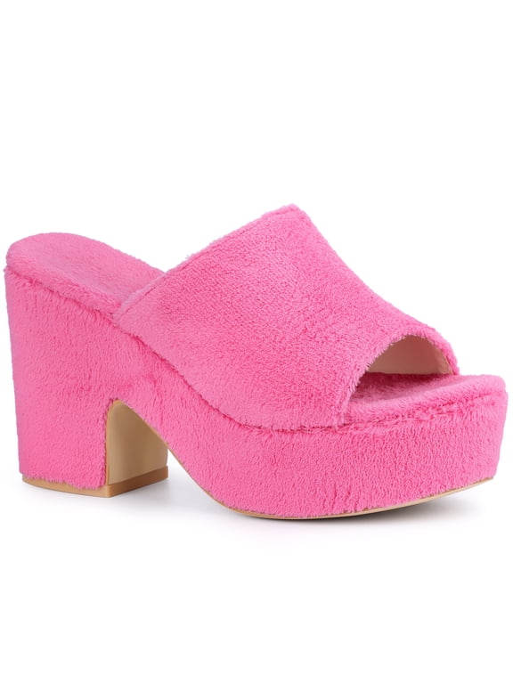 Women's Platform Slides Chunky Heel Sandals Hot Pink 8.5