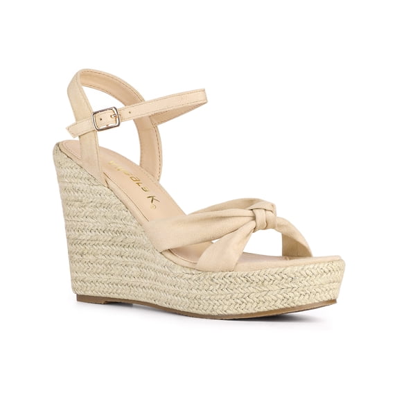 BLISSFUL STEP Women's Sandals Espadrille Wedge Open Toe Ankle Strap Platform Heels Beige 8.5