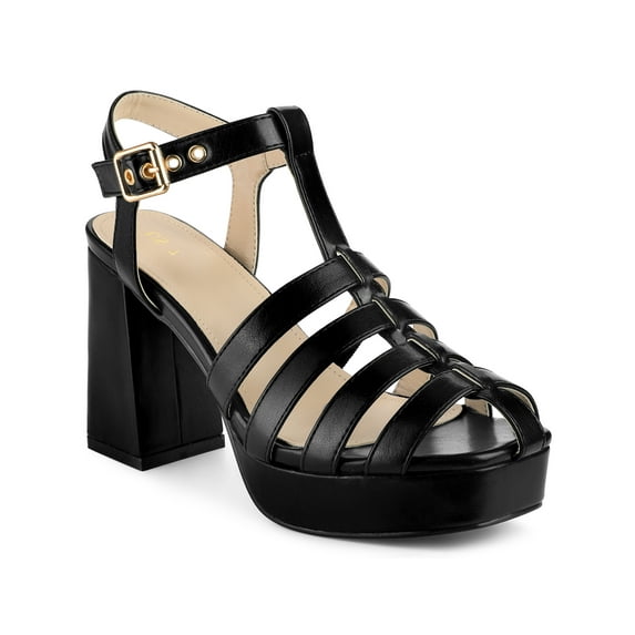 BLISSFUL STEP Women's Platform Square Toe T-Strap Block Heel Sandals Black 7