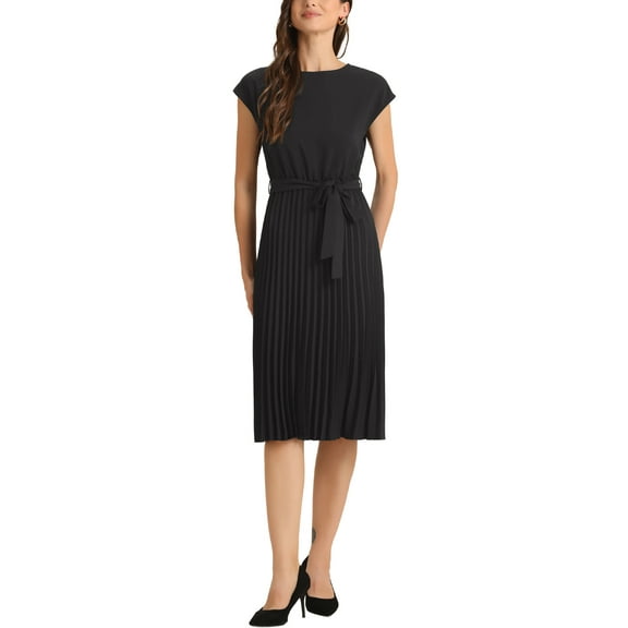 INSPIRE CHIC Women's Pleated Dress Crew Neck Sleeveless Tie Waist A-Line Dresses XS Black