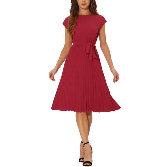 INSPIRE CHIC Women's Pleated Dress Crew Neck Sleeveless Tie Waist A-Line Dresses XS Red