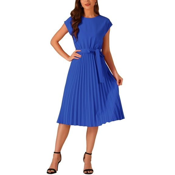 INSPIRE CHIC Women's Pleated Dress Crew Neck Sleeveless Tie Waist A-Line Dresses M Royal Blue