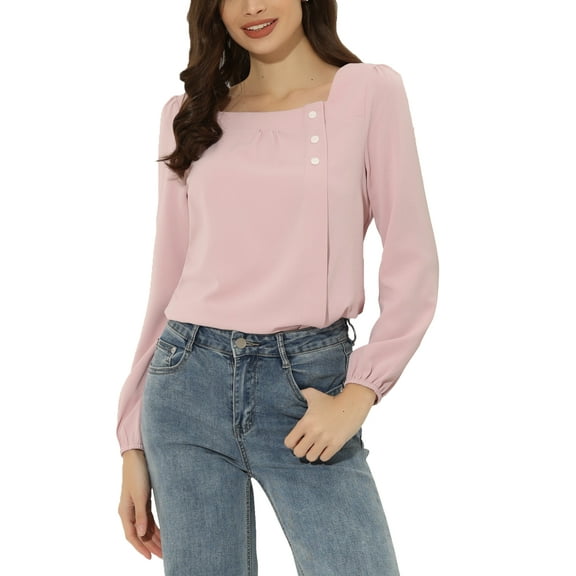 INSPIRE CHIC Women's Pleated Front Casual Long Sleeve Square Neck Blouse