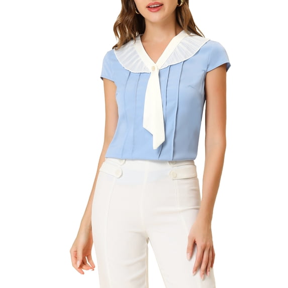 INSPIRE CHIC Women's Pleated Front V Tie Neck Cap Sleeve Work Office Tops Blue S
