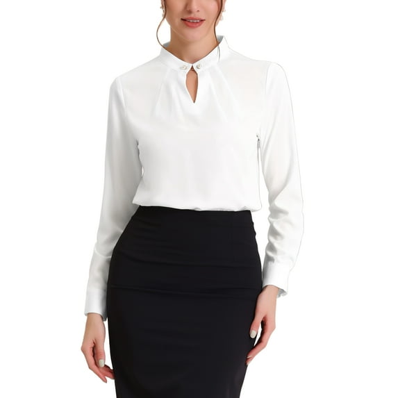 INSPIRE CHIC Women's Pleated Mock Neck Pearl Decor Elegant Work Blouse Top XS White