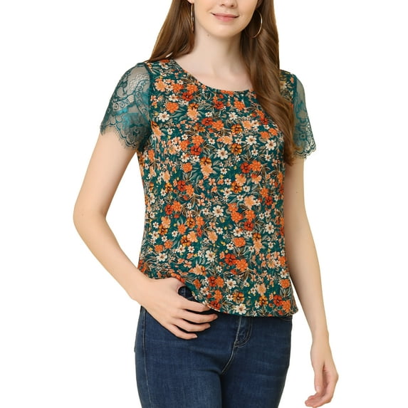 INSPIRE CHIC Women's Pleated Neckline Lace Pannel Short Sleeve Floral Print Blouse Tops Drak Green XL