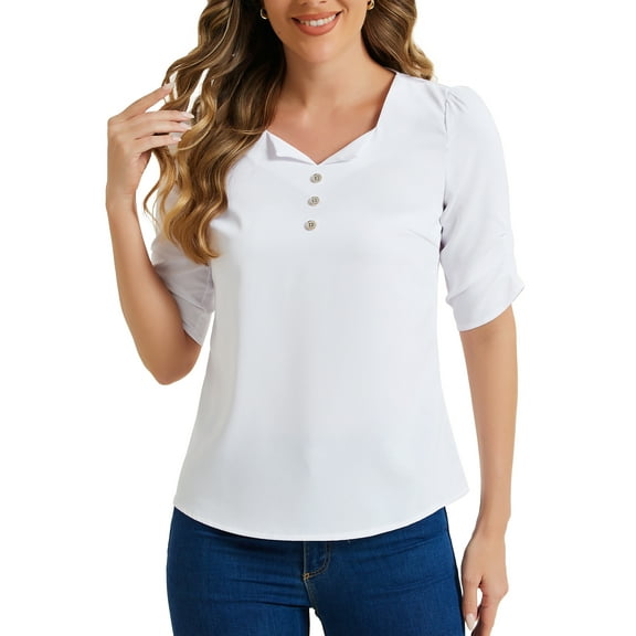 INSPIRE CHIC Women's Pleated Short Sleeve Square Work Blouse Top M White