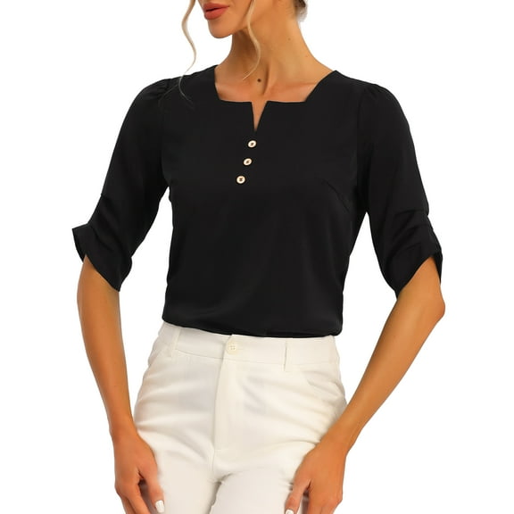 INSPIRE CHIC Women's Pleated Short Sleeve Square Work Blouse Top XL Black
