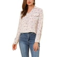 thumbnail image 1 of INSPIRE CHIC Women's Pleated V-Neck Long Sleeve Floral Faux Pocket Shirt XL White, 1 of 7