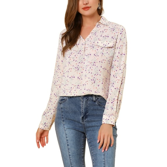 INSPIRE CHIC Women's Pleated V-Neck Long Sleeve Floral Faux Pocket Shirt XS White