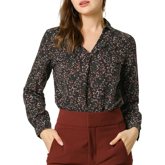 INSPIRE CHIC Women's Pleated V-Neck Long Sleeve Floral Faux Pocket Shirt XL Black