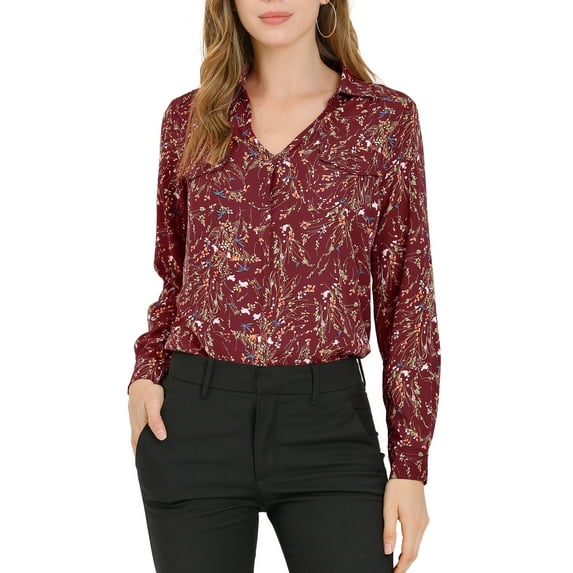 INSPIRE CHIC Women's Pleated V-Neck Long Sleeve Floral Faux Pocket Shirt XL Burgundy