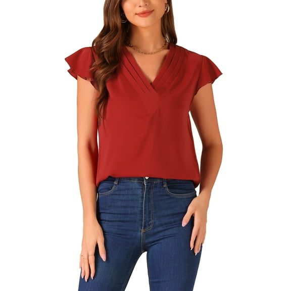 INSPIRE CHIC Women's Pleated V Neck Tops Flutter Sleeve Summer Casual Shirts XS Burgundy
