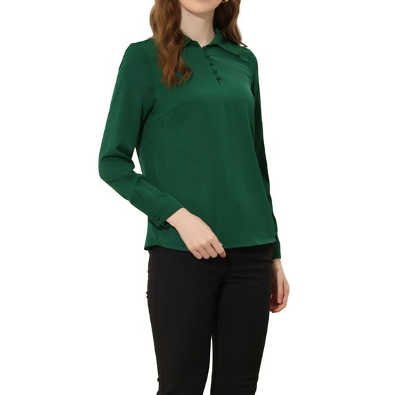 INSPIRE CHIC Women's Point Collar Half Placket Long Sleeve Office Blouse Shirts L Dark Green