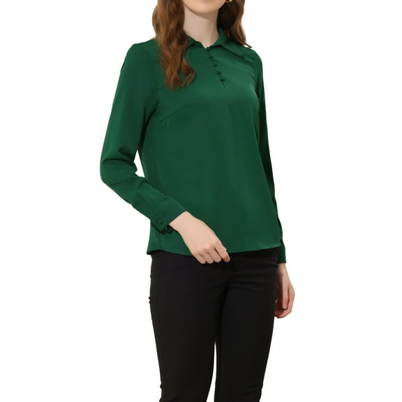 INSPIRE CHIC Women's Point Collar Half Placket Long Sleeve Office Blouse Shirts XL Dark Green