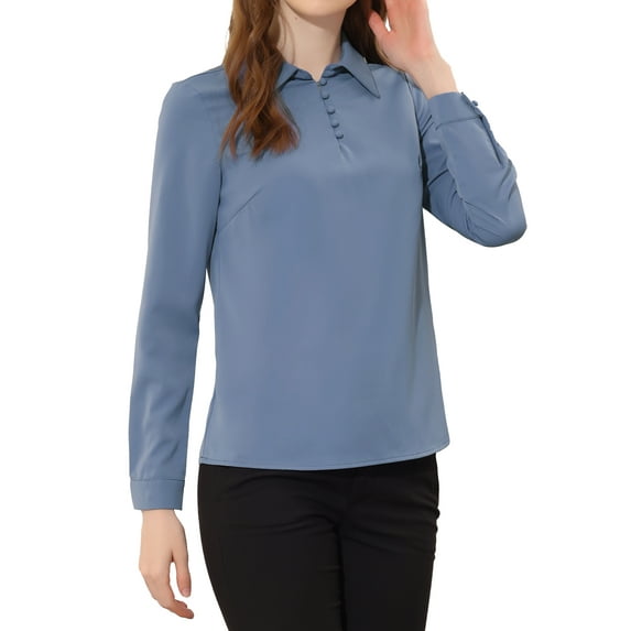 INSPIRE CHIC Women's Point Collar Half Placket Long Sleeve Office Blouse Shirts XS Dusty Blue