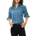 thumbnail image 1 of INSPIRE CHIC Women's Point Collar Long Sleeve Button Down Chest Pockets Denim Shirt S Blue, 1 of 6