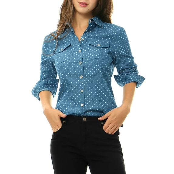 INSPIRE CHIC Women's Point Collar Long Sleeve Button Down Chest Pockets Denim Shirt S Blue