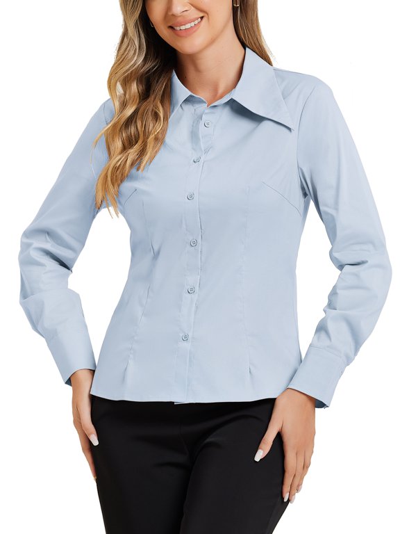 Women's Point Collar Long Sleeve Chiffon Shirt Light Blue M