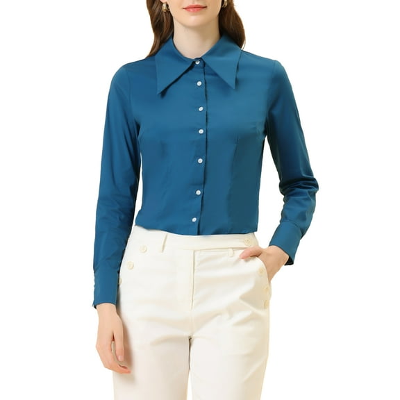 INSPIRE CHIC Women's Point Collar Long Sleeve Button Shirt