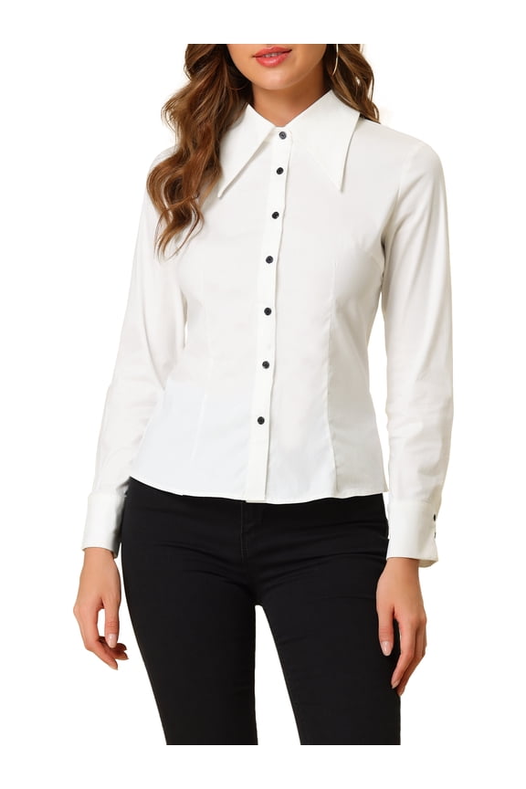 Women's Point Collar Long Sleeve Button Shirt White XS