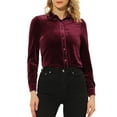 thumbnail image 1 of INSPIRE CHIC Women's Point Collar Long Sleeve Button Velvet Shirt Wine Red XS, 1 of 5