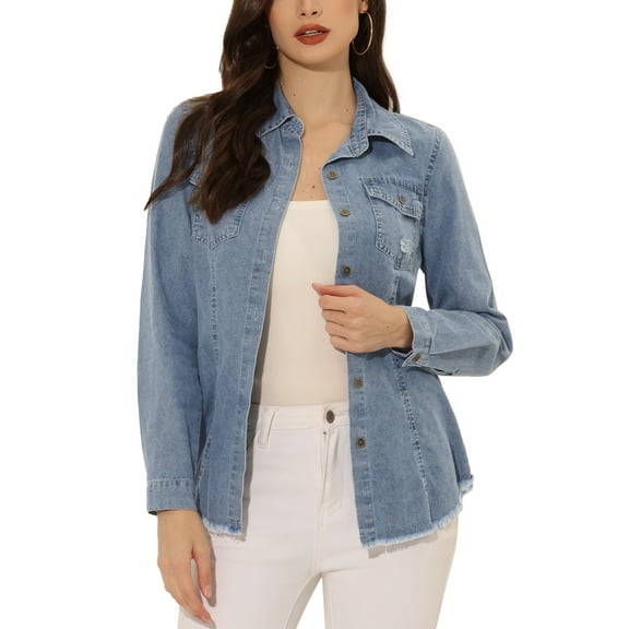 INSPIRE CHIC Women's Point Collar Long Sleeve Distressed Raw Hem Button Denim Shirt M Blue Gray
