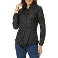 thumbnail image 1 of INSPIRE CHIC Women's Point Collar Long Sleeve Distressed Raw Hem Button Denim Shirt M Black, 1 of 5
