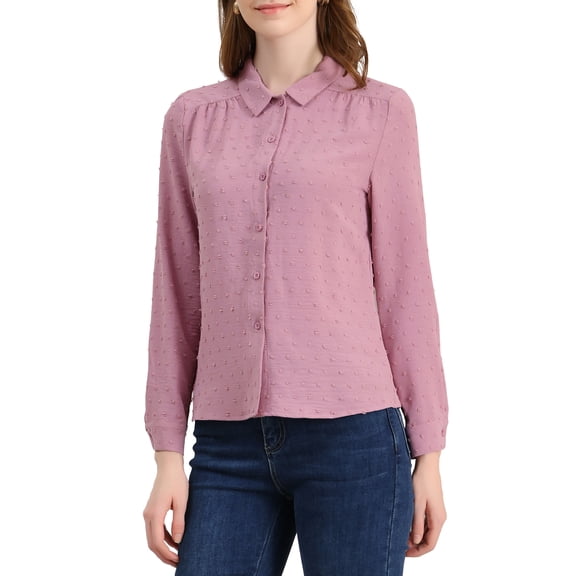 INSPIRE CHIC Women's Point Collar Office Shirt Long Sleeve Swiss Dots Blouses Pink Purple M