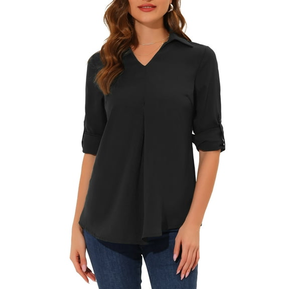 INSPIRE CHIC Women's Point Collar Pleated Front Casual 3/4 Sleeve Blouses M Black