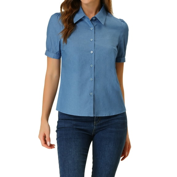 INSPIRE CHIC Women's Point Collar Puff Short Sleeve Denim Button Down Shirt S Light Blue
