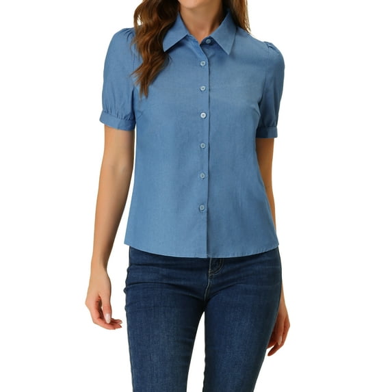 INSPIRE CHIC Easter Inspired Women's Point Collar Puff Short Sleeve Denim Button Down Shirt S Light Blue