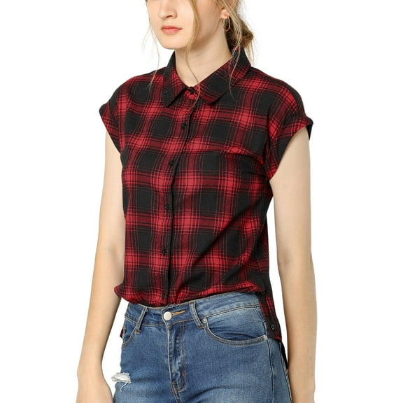 INSPIRE CHIC Women's Point Collar Short Cap Sleeves Plaids Button Down Shirt M Red