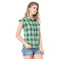 thumbnail image 1 of INSPIRE CHIC Women's Point Collar Short Cap Sleeves Plaids Button Down Shirt XL Green, 1 of 9