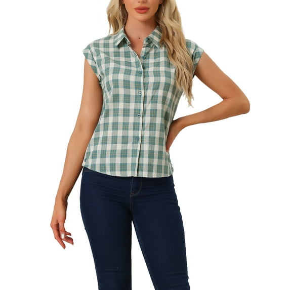 INSPIRE CHIC Women's Point Collar Short Cap Sleeves Plaids Button Down Shirt XS Green White