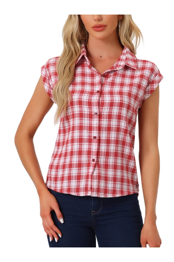 Women's Point Collar Short Cap Sleeves Plaids Button Down Shirt XS Red Plaid
