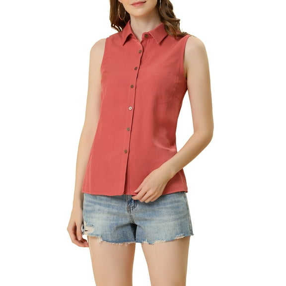 INSPIRE CHIC Women's Point Collar Single Breasted Sleeveless Shirt XS Dark Pink