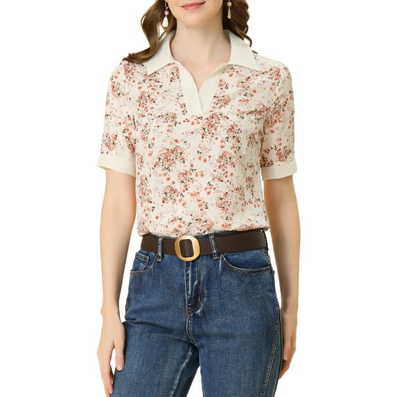 INSPIRE CHIC Women's Point Collar V Neckline Short Sleeve Floral Blouse XL Beige