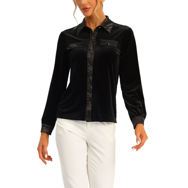 Allegra K Womens Point Collar Velvet Blouse Faux Pocket Long Sleeves Button Down Shirt 4506