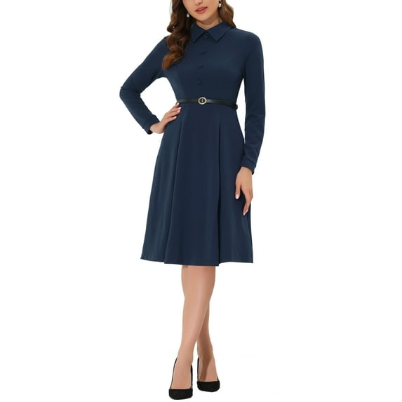 INSPIRE CHIC Women's Point Collar Zipper Belted Pleated Fit and Flare Shirt Dress M Dark Blue
