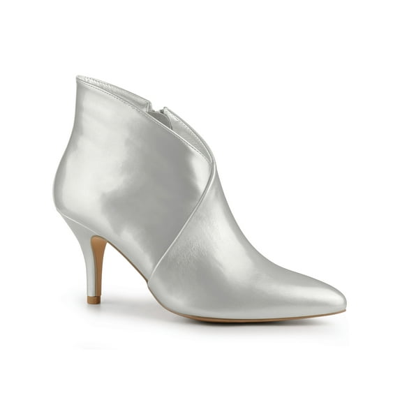 BLISSFUL STEP Women's Point Toe Patent Leather Stiletto Heel Ankle Boot Silver 8