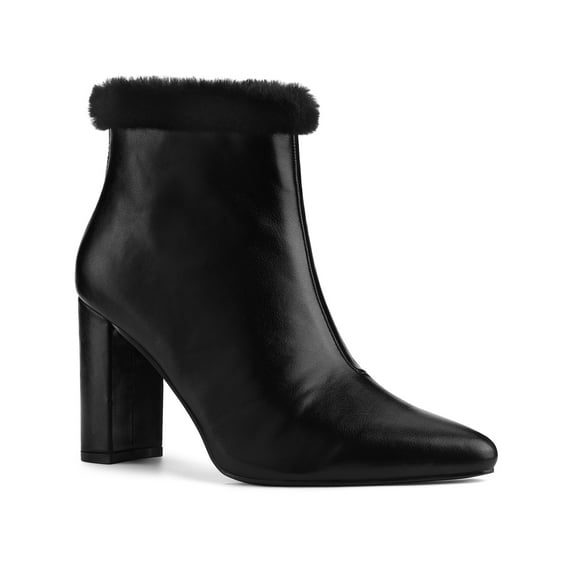 BLISSFUL STEP Women's Pointed Toe Ankle Fur Block Heel Ankle Boots Black 11
