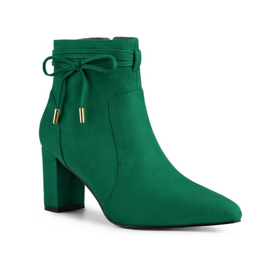 BLISSFUL STEP Women's Ankle Boots Faux Suede Pointed Toe Bow Decor Chunky Heel Zipper Booties Emerald Green 8