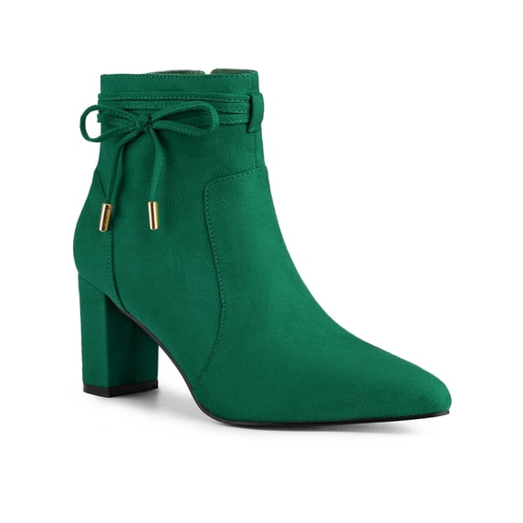 BLISSFUL STEP Women's Ankle Boots Faux Suede Pointed Toe Bow Decor Chunky Heel Zipper Booties Emerald Green 7