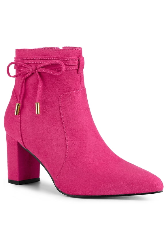 Women's Ankle Boots Faux Suede Pointed Toe Bow Decor Chunky Heel Zipper Booties Hot Pink 7