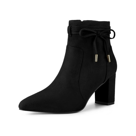 BLISSFUL STEP Women's Ankle Boots Faux Suede Pointed Toe Bow Decor Chunky Heel Zipper Booties Black 9