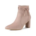 thumbnail image 1 of BLISSFUL STEP Women's Ankle Boots Faux Suede Pointed Toe Bow Decor Chunky Heel Zipper Booties Dust Pink 7, 1 of 8