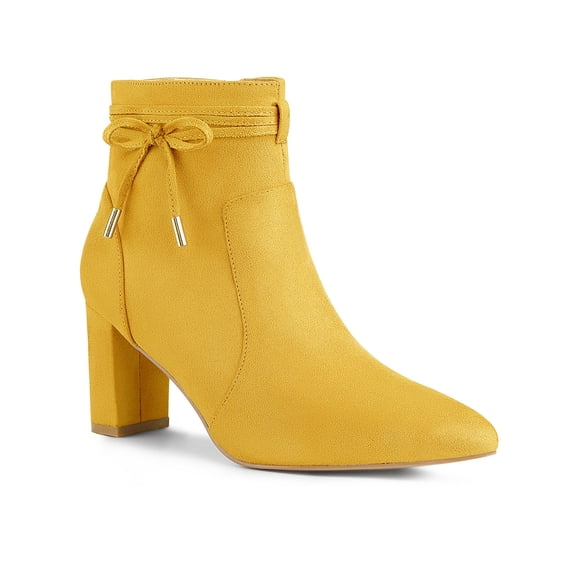 BLISSFUL STEP Women's Ankle Boots Faux Suede Pointed Toe Bow Decor Chunky Heel Zipper Booties Yellow 7